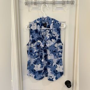 Blue Floral Sleeveless Blouse with Neck Tie